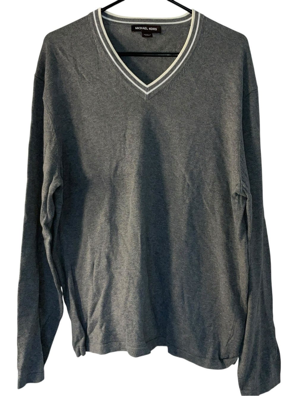 Michael Kors Men's Charcoal V-Neck Sweater with Cream Trim